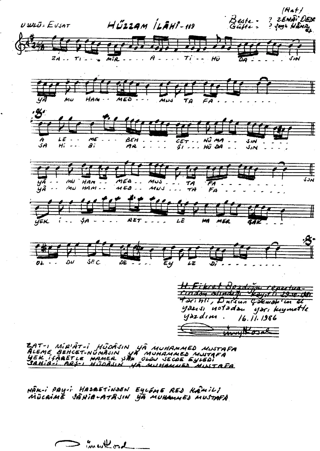 Zat-ı mirat -ı Hüdasın ya Muhammed Mustafa